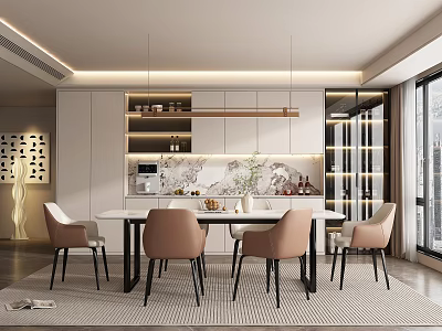 Modern Restaurant Interior Design With Dining Table Chairs Pendant Lights And Decorative Elements 3d model