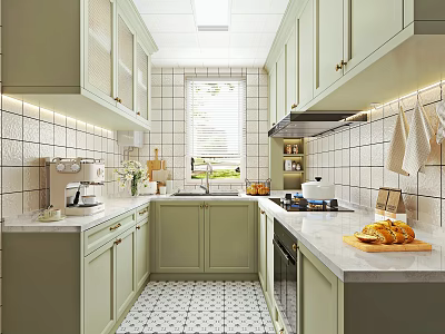 Modern Kitchen Interior With Light Green Cabinets White Tiled Walls And Countertops 3d model