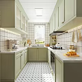 Modern Kitchen Interior With Light Green Cabinets White Tiled Walls And Countertops