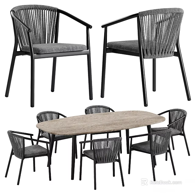 Modern Stylish Dining Table And Chairs Set With Wicker Back Gray Cushions And Wooden Tabletop 3d model 