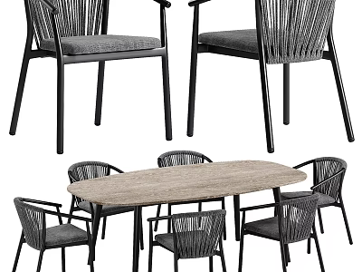 Modern Stylish Dining Table And Chairs Set With Wicker Back Gray Cushions And Wooden Tabletop 3d model