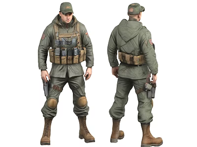 Man In Green Military Jacket Vest With Pouches Cap Knee Pads Boots And Holster 3d model