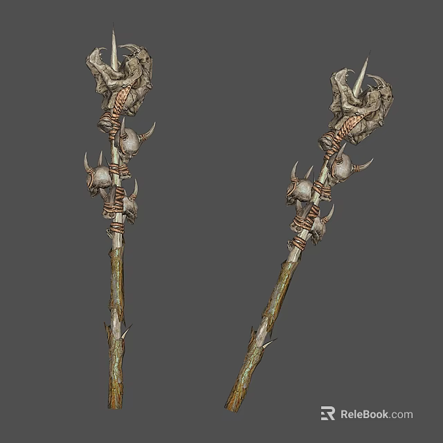 Tribal Wooden Staff Weapon With Skull Decorations Spikes And Wrapped Ropes 3d model 