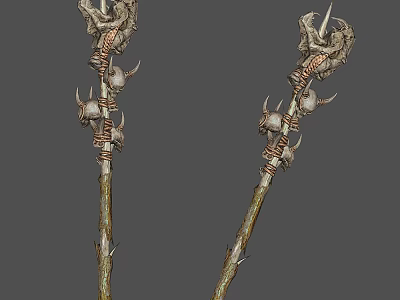 Tribal Wooden Staff Weapon With Skull Decorations Spikes And Wrapped Ropes 3d model