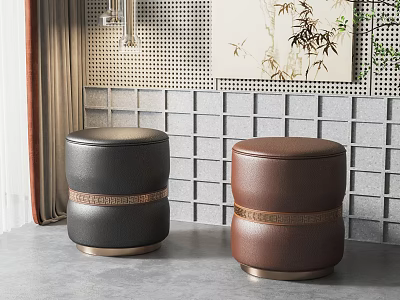 Modern Black And Brown Leather Sofa Stools With Golden Trim By Grey Grid Wall 3d model