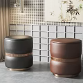 Modern Black And Brown Leather Sofa Stools With Golden Trim By Grey Grid Wall