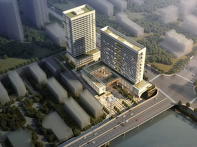 Modern School Campus With High Rise Buildings Green Areas And Surrounding River View 3d model