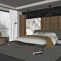 Modern Bedroom Interior With Large Bed Gray Beige Bedding Brown Armchair And Floor to Ceiling Windows