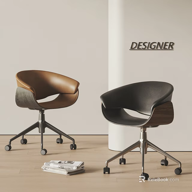 Designer Office Chairs in Brown and Black Leather with Metal Base and Wheels 3d model 
