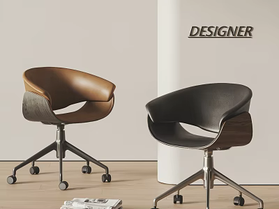 Designer Office Chairs in Brown and Black Leather with Metal Base and Wheels 3d model