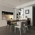 Modern Minimalist Dining Area Interior With Rectangular Table Mixed Chairs Pendant Light And Cabinets 3d model