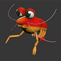 Cartoon Shrimp Character With Red Yellow Body Big Eyes Long Antennae And Yellow Legs On Black Background