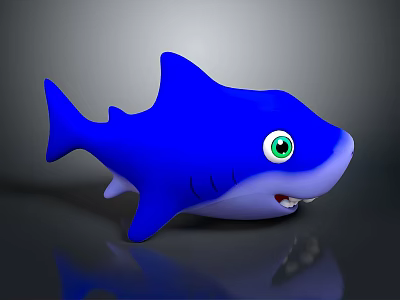 Cute Blue Cartoon Shark Toy With Green Eyes And Open Mouth 3d model
