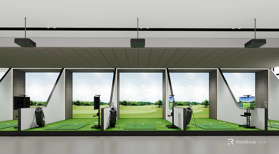 Indoor Golf Practice Range With Multiple Hitting Bays Green Lawn View And Training Equipment 3d model 