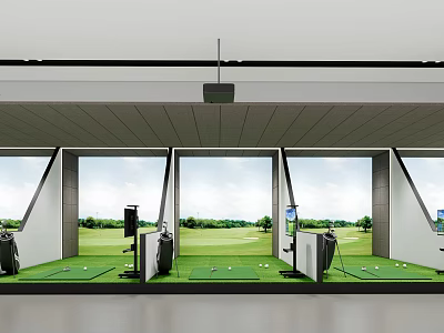 Indoor Golf Practice Range With Multiple Hitting Bays Green Lawn View And Training Equipment 3d model