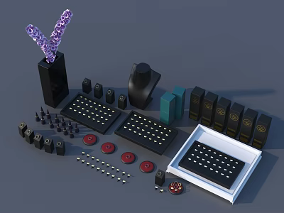 Various Black Dark Colored Door Handle Components With Round Square Parts Neatly Arranged 3d model