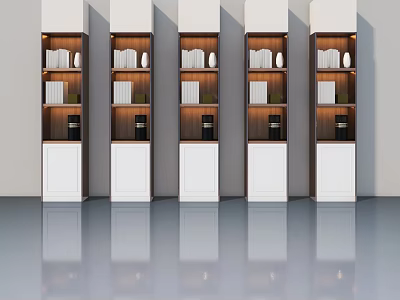 Modern Storage Cabinets With White Hinged Doors And Wooden Shelves Design 3d model