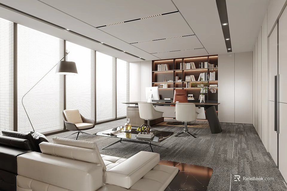 Modern Office Interior Design With Sofa Bookshelf And Large Windows 3d model 