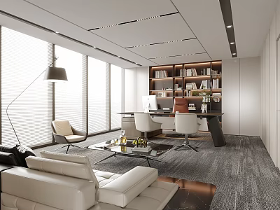 Modern Office Interior Design With Sofa Bookshelf And Large Windows 3d model