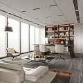 Modern Office Interior Design With Sofa Bookshelf And Large Windows 3d model