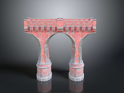 Red Brick Arch Bridge Structure With Double Arches And Stone Pedestals 3d model