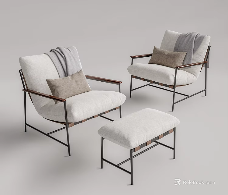 Modern Accent Chairs with Metal Frames Light Fabric Cushions Throw Blankets and Ottoman 3d model 