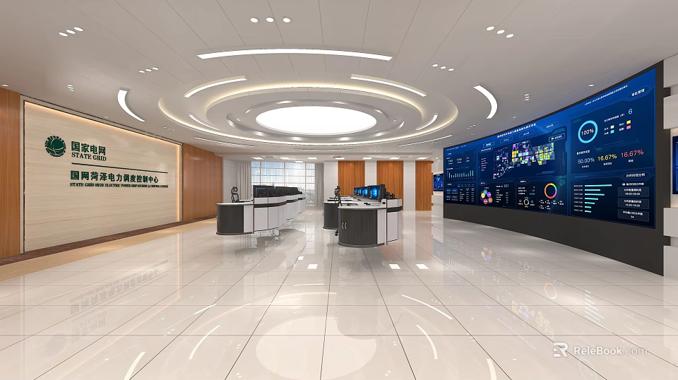 Modern Monitoring Control Room With Multiple Large Screens And Control Desks 3d model 