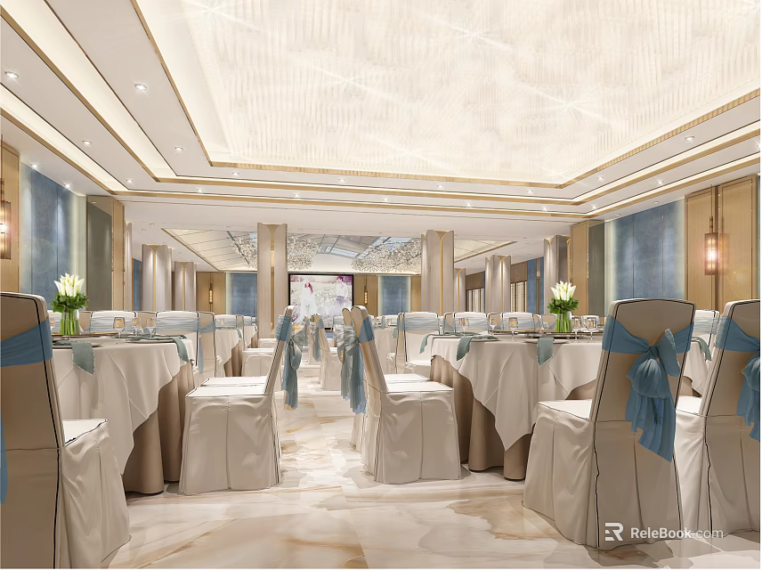 Luxurious Banquet Hall Interior With Set Tables Blue Chair Sashes Vase Decorations And Illuminated Ceiling 3d model 