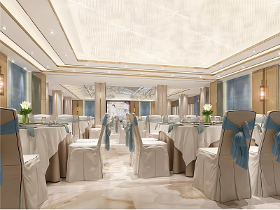 Luxurious Banquet Hall Interior With Set Tables Blue Chair Sashes Vase Decorations And Illuminated Ceiling 3d model