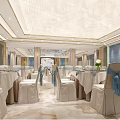 Luxurious Banquet Hall Interior With Set Tables Blue Chair Sashes Vase Decorations And Illuminated Ceiling