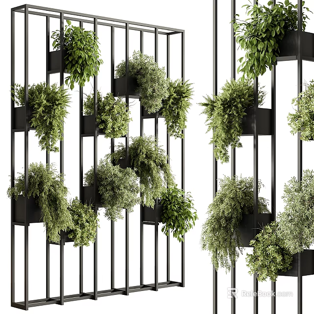Modern Living Green Plant Wall With Black Vertical Frames And Hanging Foliage 3d model 