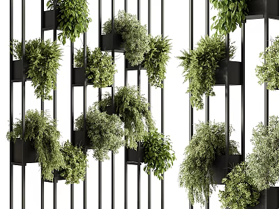 Modern Living Green Plant Wall With Black Vertical Frames And Hanging Foliage 3d model
