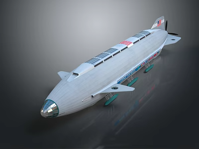 Silver Streamlined Zeppelin Featuring Multiple Windows Solar Panels And Tail Flag Design 3d model