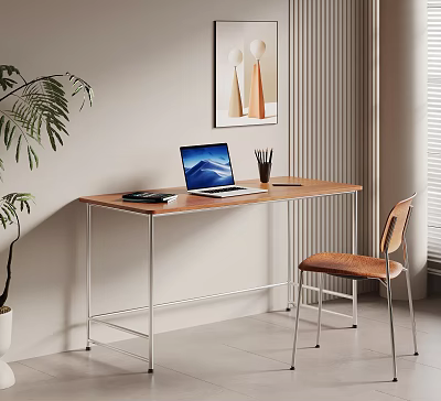 Desk Setup With Laptop Notebook Chair Indoor Plant And Wall Art Decor 3d model