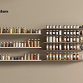 Neatly Arranged Spice Jars With Various Spices On Wall Mounted Shelves In Modern Kitchen
