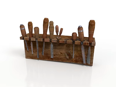 Set of Wood Chisels with Wooden Handles in Wooden Storage Box for Craft Tools 3d model