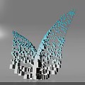 Geometric Sculpture With Blue White Cubes Forming Wing Shape And Colorful Base