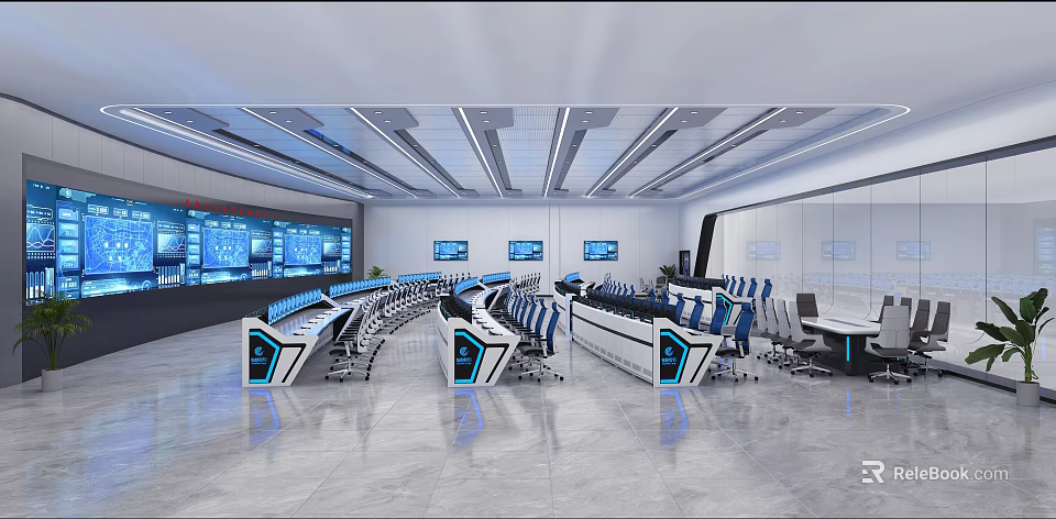 Modern Monitoring Room With Control Desks Multiple Screens And Chairs 3d model 