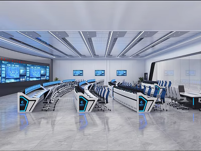 Modern Monitoring Room With Control Desks Multiple Screens And Chairs 3d model