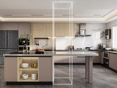 Modern Kitchen Interior Design With Island Counter Cabinets And Stainless Steel Appliances 3d model
