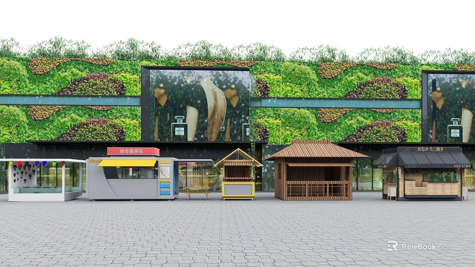 Urban Plaza With Green Plant Wall Large Screen And Wooden Kiosks 3d model 
