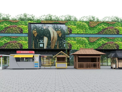 Urban Plaza With Green Plant Wall Large Screen And Wooden Kiosks 3d model