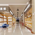 Spacious Bright Shopping Mall Lobby With Shops on Both Sides Central Staircase and Shiny Floor