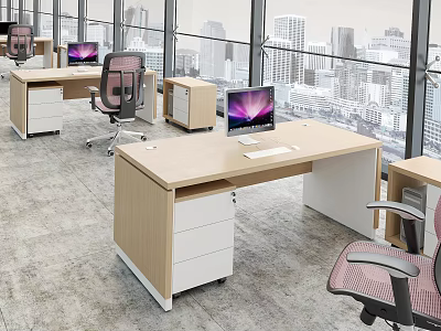 Modern Office Work Desk With Wooden Top White Drawers Computer Monitor And City View Windows 3d model