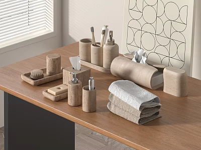 Folded Linen Bathroom Towel on Wooden Vanity with Wooden Accessories and Wall Art 3d model