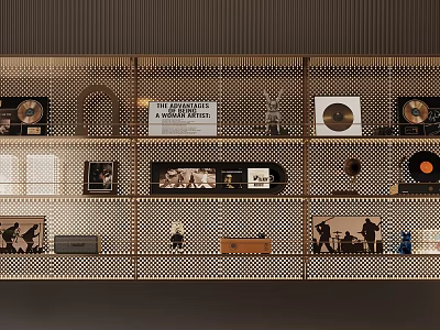 Decorative Ornaments Collection on Grid Design Display Shelves with Vintage Vinyl Records Trophies and Lighting 3d model