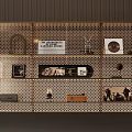 Decorative Ornaments Collection on Grid Design Display Shelves with Vintage Vinyl Records Trophies and Lighting