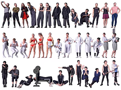 Group Of Multiple People In Various Poses And Different Casual Formal Outfits 3d model