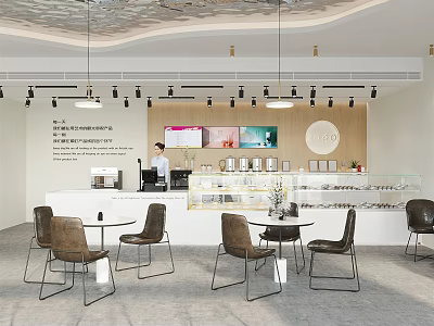 Modern Dessert Shop Interior With Counter Display Shelves Tables Chairs And Hanging Lights 3d model