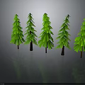 Five Green Paper Pine Trees With Reflections On Gray Background